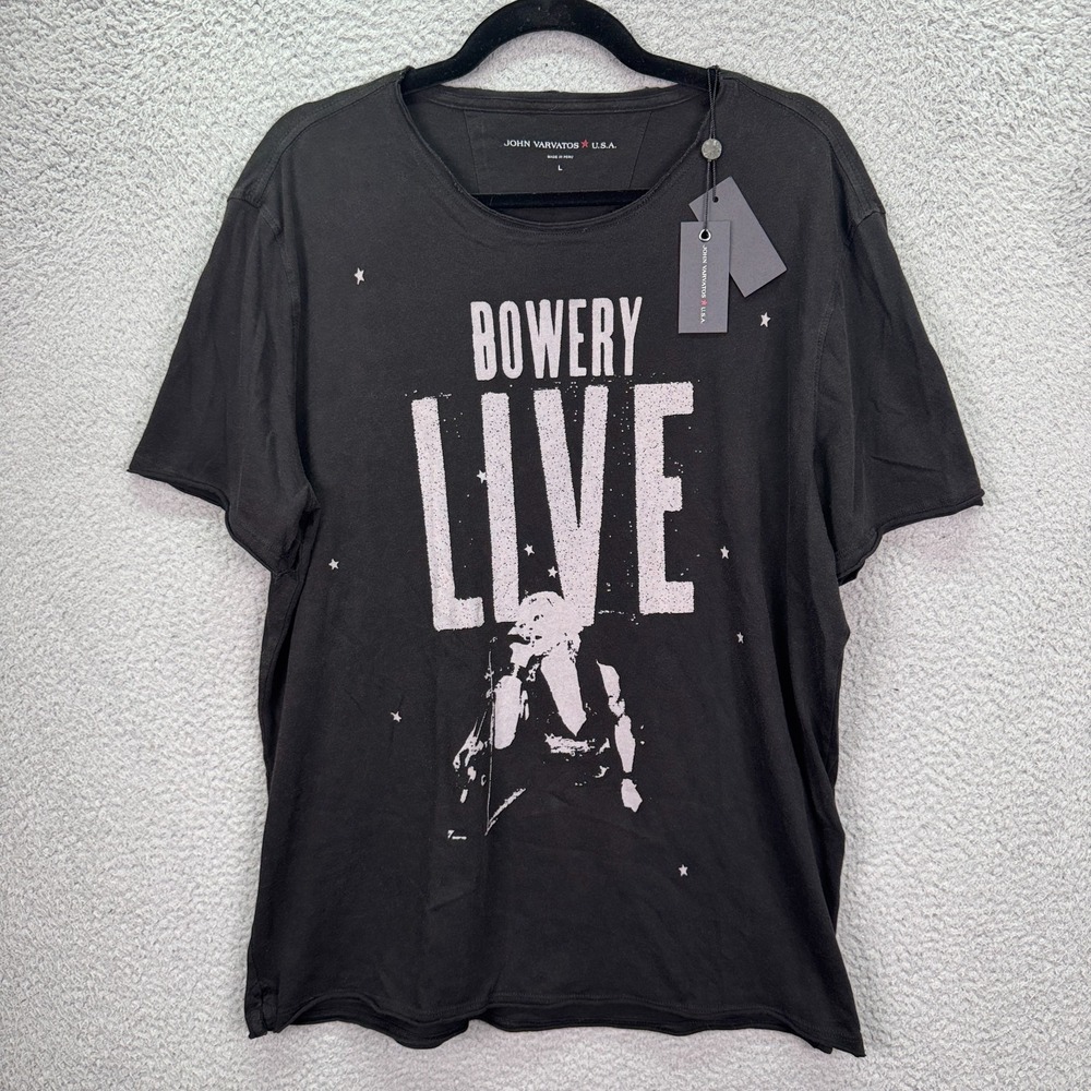 John Varvatos Tshirt Men L Black Bowery Live Indie Punk Rock Grunge Raw Cut Edgy